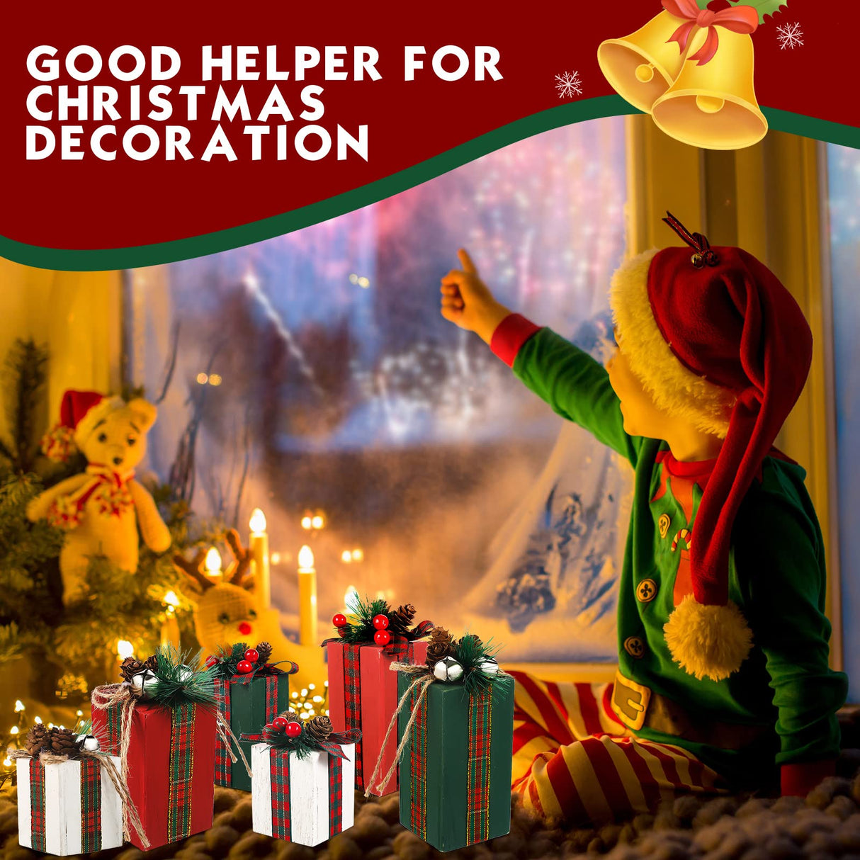 BBTO 6 Pcs Christmas Wooden Gifts Box Decor Christmas Table Decor Table Centerpieces with Buffalo Plaid Bowknot Faux Present Wooden Blocks Rustic Wooden Gifts Tiered Tray Decor for Xmas Party Decor BBTO