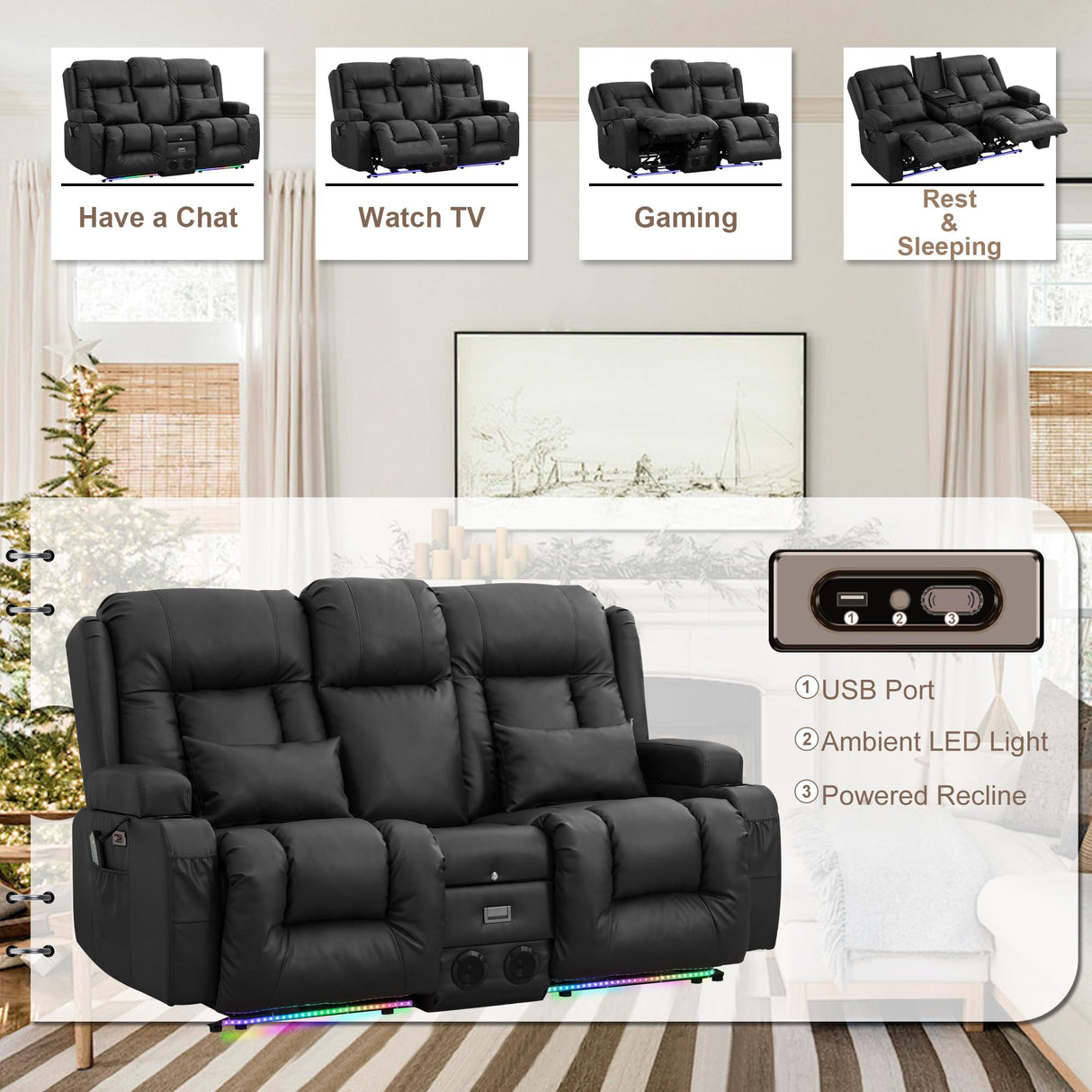 TUNYI Power Recliner Chair with Massage & Heat, Faux Leather Recliner Sofa Chair with LED Light, Home Recliner Theater Seating with USB Port/Lumbar Pillow/Cup Holder/Side Pocket (Black, Loveseat) TUNYI