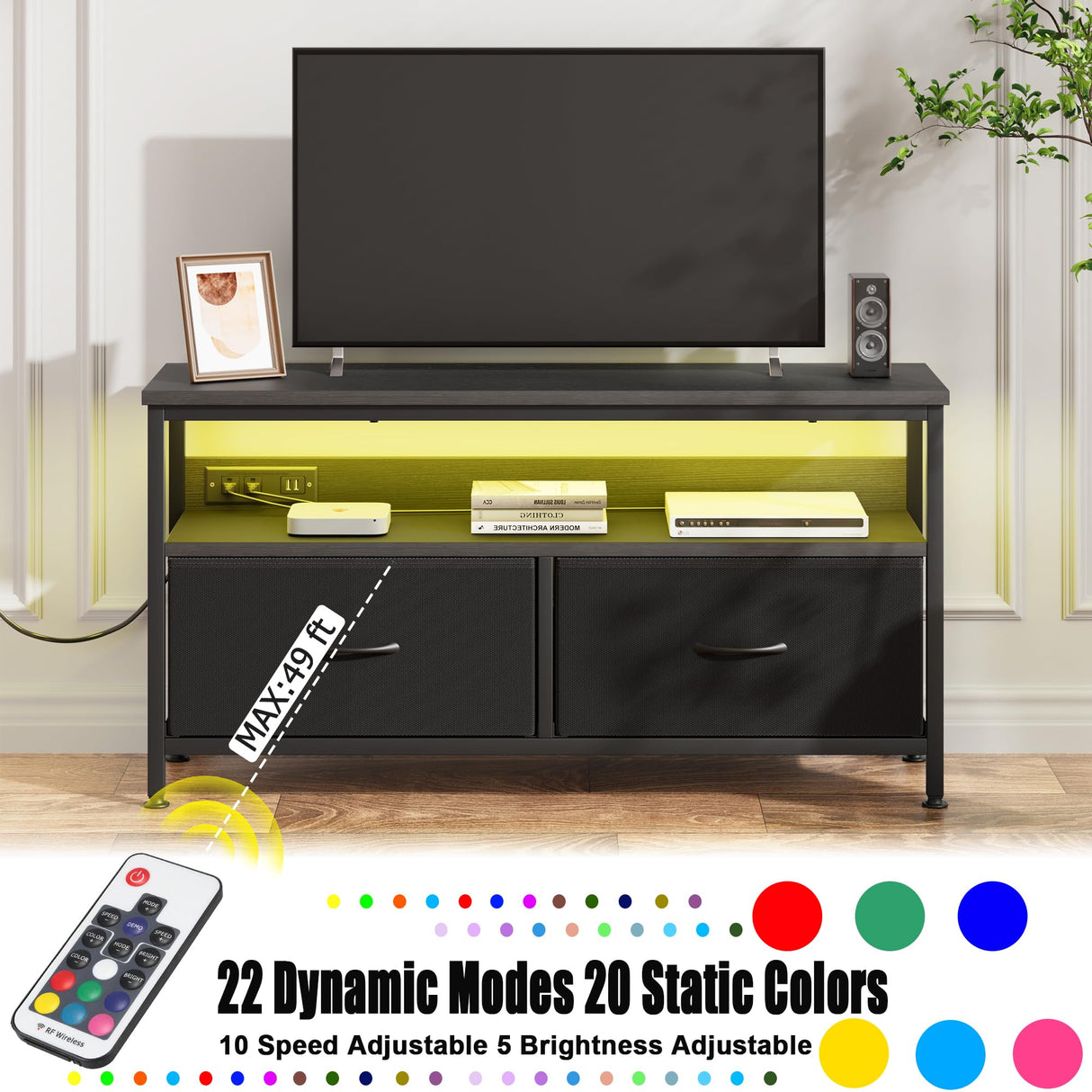 J-yaamiZz 39" Dresser TV Stand for TVs up to 50", Media Console with LED Lights, Charging Station & 2 Drawer Storage Chest, Gaming Entertainment Center with Storage for Bedroom (Black, 39 in) J-yaamiZz