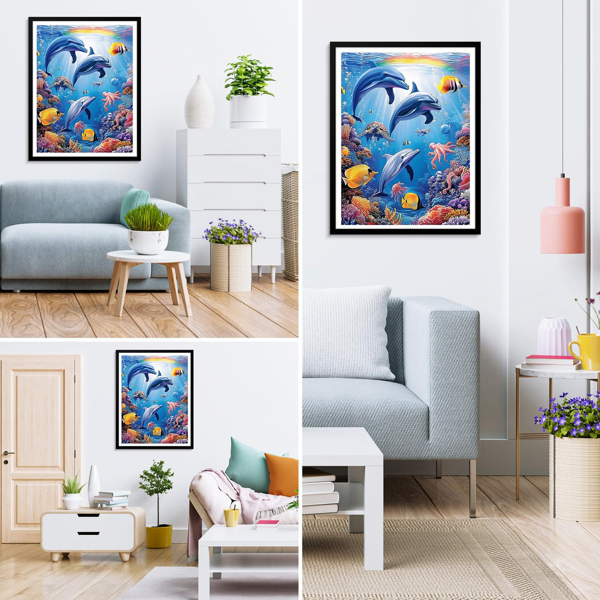 MXJSUA Dolphins DIY Diamond Painting by Number Kits for Adults, Sea World 5D Round Drill Diamond Gem Art Painting Picture Arts Kits Craft for Home Wall Decor 12x16 Inch MXJSUA
