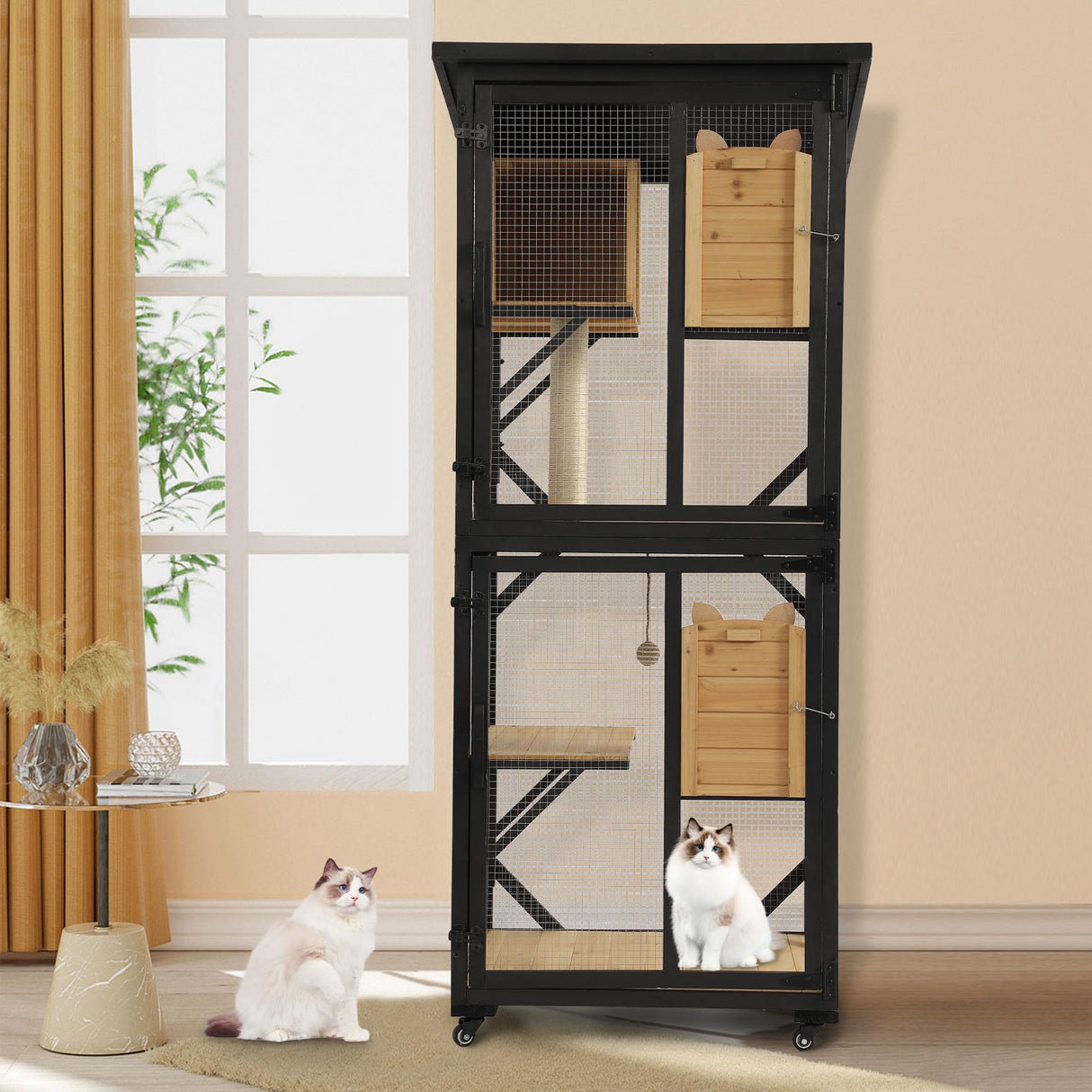 MAGIC UNION 71" Catio Outdoor Cat Enclosure Window Access, 4 Tiers Cats Playpen Catio with Wheels, Resting Box & Waterproof Roof, Indoor Large Cat House Cage with Scratching Post Sisal Ball (Black) MAGIC UNION