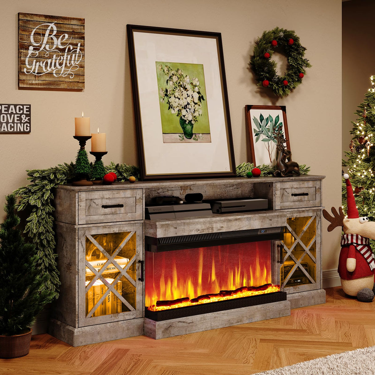 AMERLIFE Farmhouse LED Fireplace TV Stand with 3-Sided Glass Fireplace, 70" Large Entertainment Center for TVs up to 80", Rustic TV Console with Glass Door Storage for Living Room, Light Gray AMERLIFE