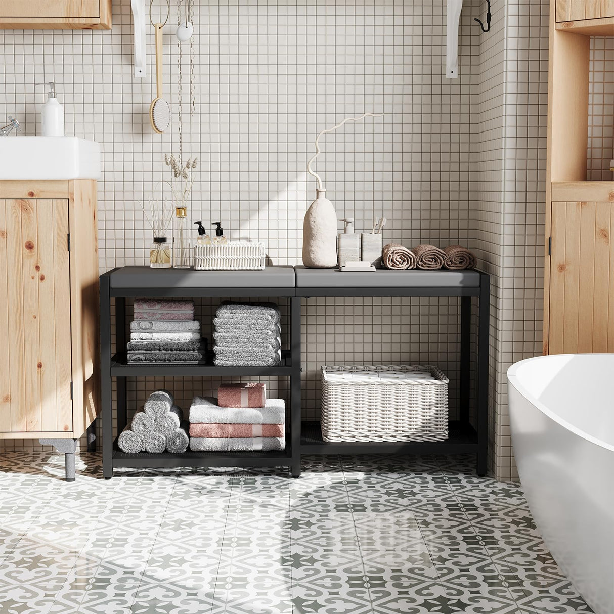 ZHOOGE Shoe Bench & Rack Storage Bench - Entryway Bench with Seat Cushion, Stable Organizer for Entryway & Living Room, Holds Up to 300 lb, (35" L x 12" W x 17" H, Black) ZHOOGE