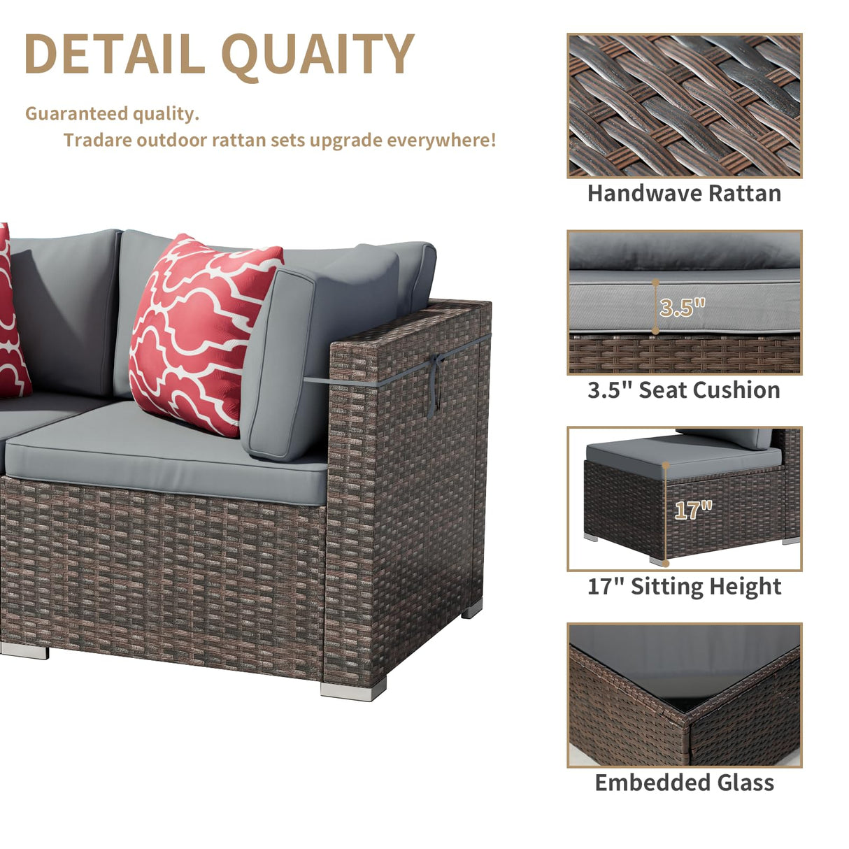 Tradare 5 Pieces Outdoor Patio Furniture Set, Wicker Patio Conversation Sectional Sofa Set, All Weather PE Rattan Sofa with Glass Table and Grey Cushions Tradare