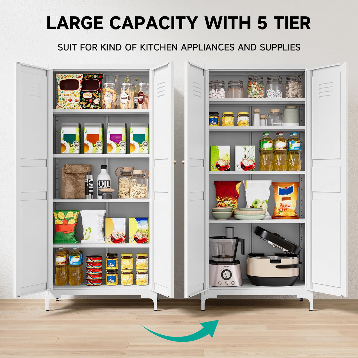 Metal Storage Cabinet with Doors and Shelves,White Storage Cabinet,Food Pantry Storage Cabinet,5 Tier Metal Pantry Cabinet,Tall Large Closet Cupboard for Home,Kitchen,Dining/Living/Laundry Room SISESOL