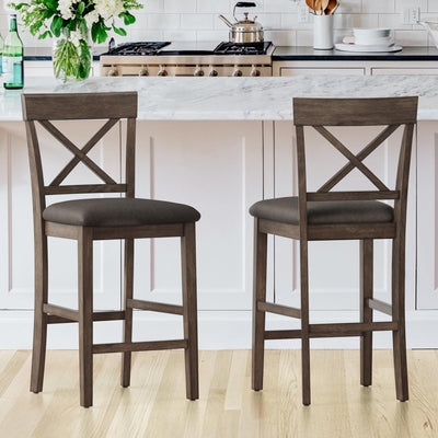 Cozyman 26" Wood Bar Stools Set of 2, Counter Height Bar Stools with Classical X-Shaped Back, Solid Barstools with Rubber Wood Frames and Faux Leather Seat, Rustic Brown