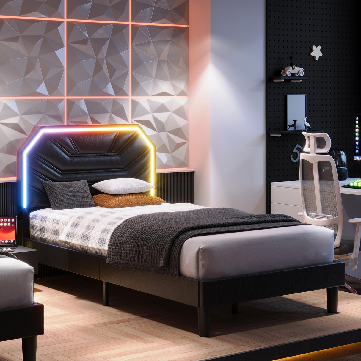 LIKIMIO Twin Bed Frames with Lighted Headboard, Upholstered Modern Cama Twin Platform Bed with Heavy Duty Supports, No Box Spring Need, Noise Free, Easy Assembly, Black LIKIMIO