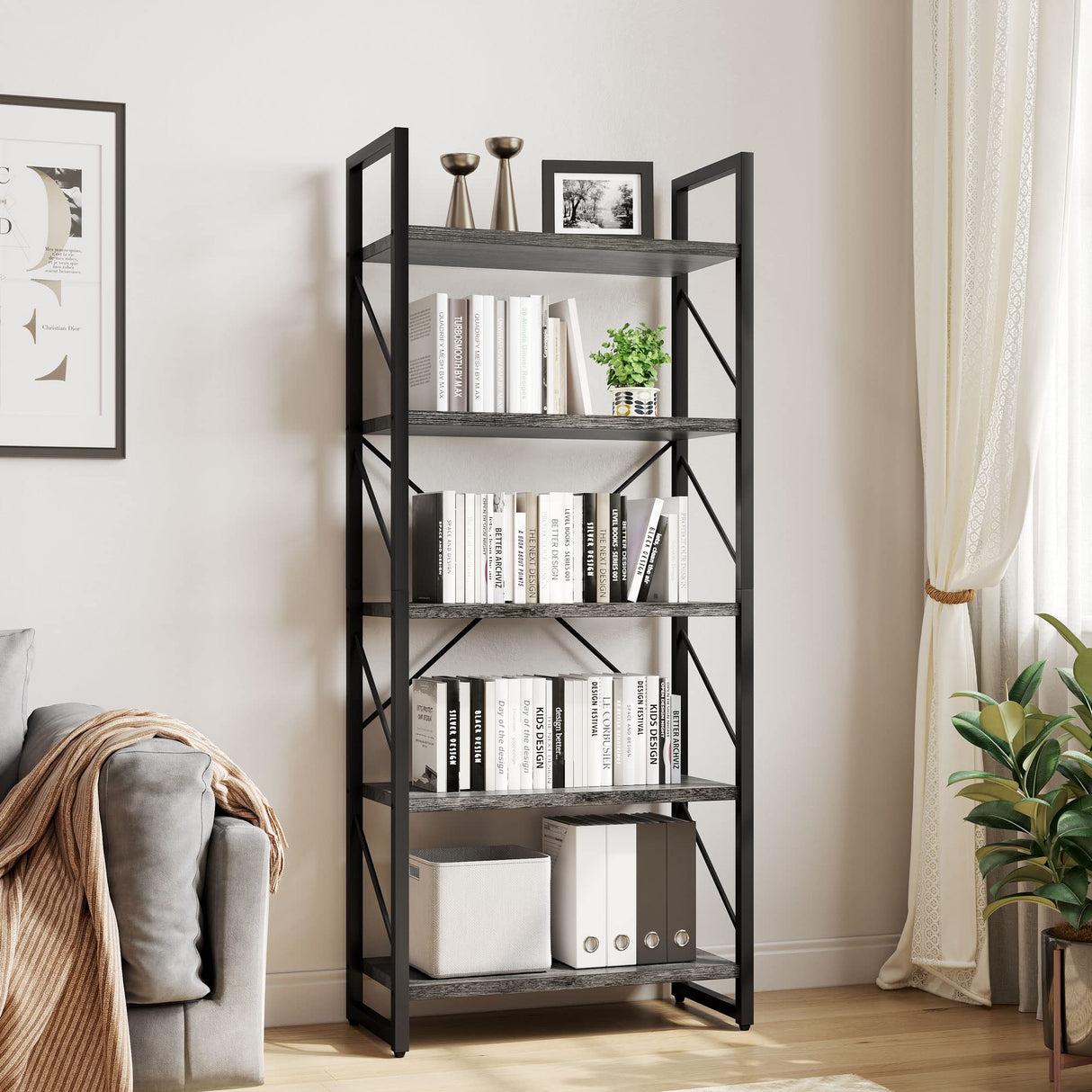YITAHOME 5 Tiers Bookshelf, Industrial Artsy Grey Bookcase Bookshelves, Book Rack, Storage Rack Shelves Books Holder Organizer for Books Movies in Living Room Home Office, Charcoal Gray + Black YITAHOME