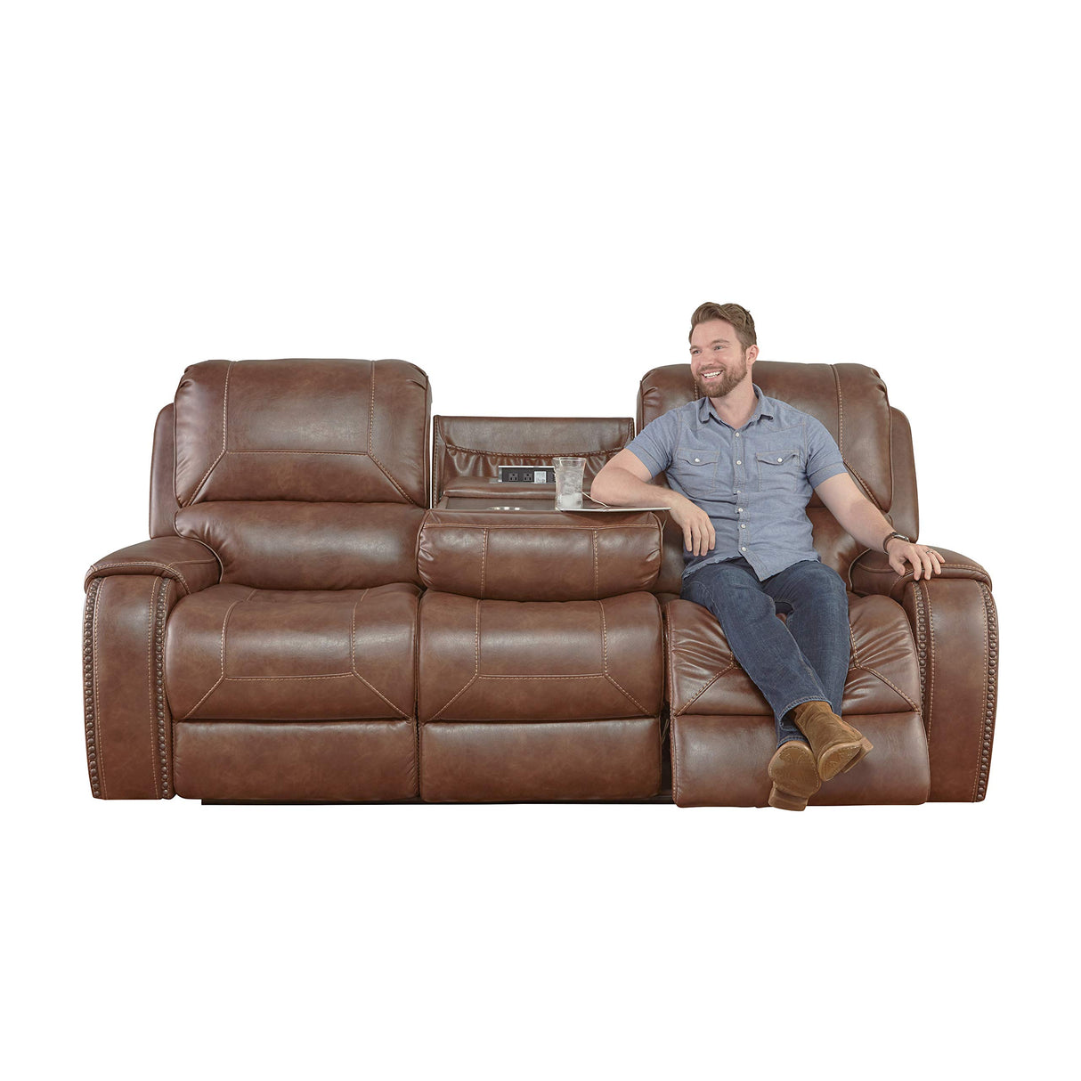 Roundhill Furniture Achern Leather Air Nail head Manual Reclining Sofa with Storage Console, Brown Roundhill Furniture