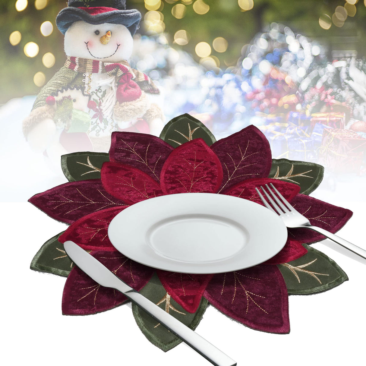 OWENIE Christmas Placemats Set of 4, Poinsettia Table Mats with Embroidered and Applique Velvet Fabric, 16 Inch x 16 Inch Diecut Placemat for XMAS Holiday Tabletop, Round Doilies for Dining Table, Red OWENIE