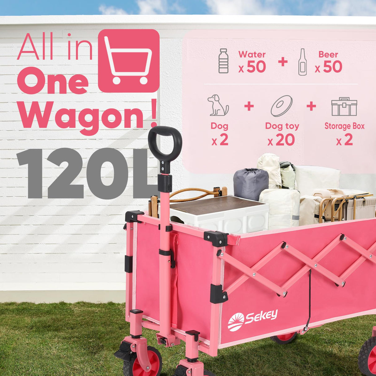 Sekey Collapsible Wagon Cart Foldable with 220LBS Weight Capacity, Lightweight Portable Folding Grocery Shopping Cart with Wheels for Camping Sports Beach and Shopping.Barbie Pink Sekey