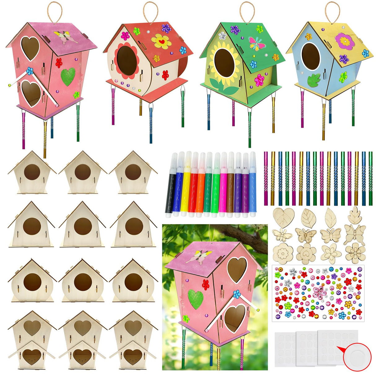 12 Sets DIY Wooden Birdhouses Wind Chime Craft Kit to Build and Paint,Wooden Unfinished Bird House with Watercolor Pen and Strips for Boy Girl Wood Crafts Creative DIY Art Bulk Painting Kits (12 Big) Cinrobiye