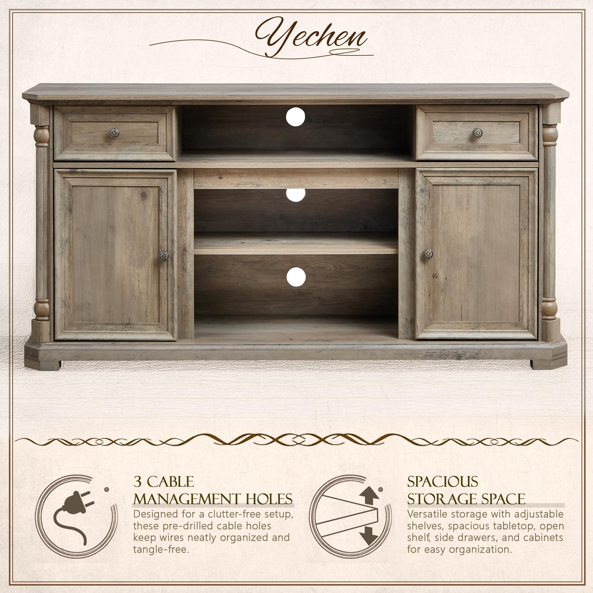 Yechen 62'' Farmhouse TV Stand for Living Room - 31.5'' Tall Entertainment Center with Storage Cabinets & Drawers, Wood Media Console Table with Roman Columns, for 75 Inch TV, Weathered Reclaimed Oak Yechen