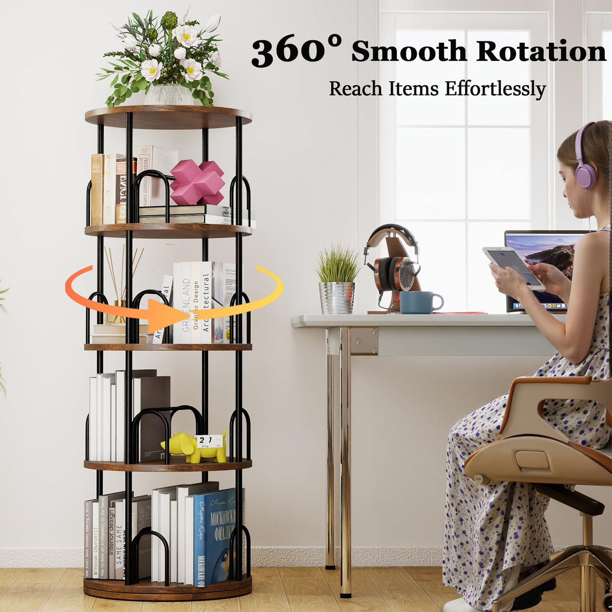 Arbcoler 4 Tier Rotating Bookshelf, 360 ยฐ Display Corner Book Shelf, Stackable Spinning Bookshelf Tower, Narrow Tall Revolving Bookcase, Round Swivel Storage Organizer (Black, 4 Tiers) Arbcoler
