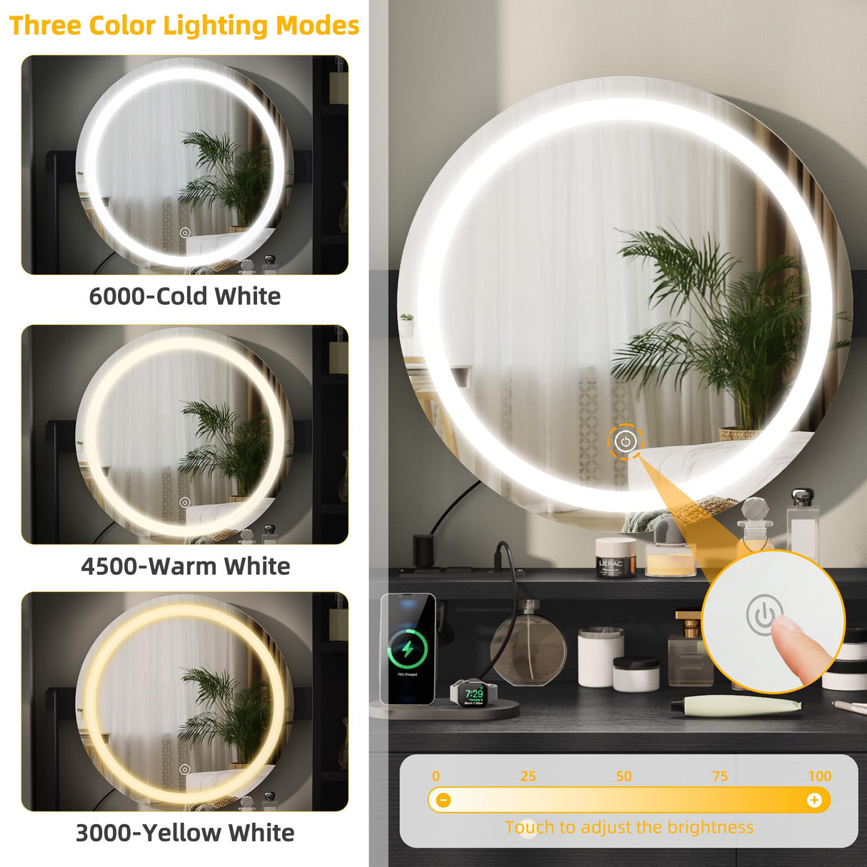 DWVO Makeup Vanity Desk with LED Lighted Mirror, Black Vanity Set with Charger Station, Small Spaces Vanity Table for Bedroom, Adjustable 3 Lighting Modes, Makeup Table with Chair for Girl, 31.5in(L) DWVO