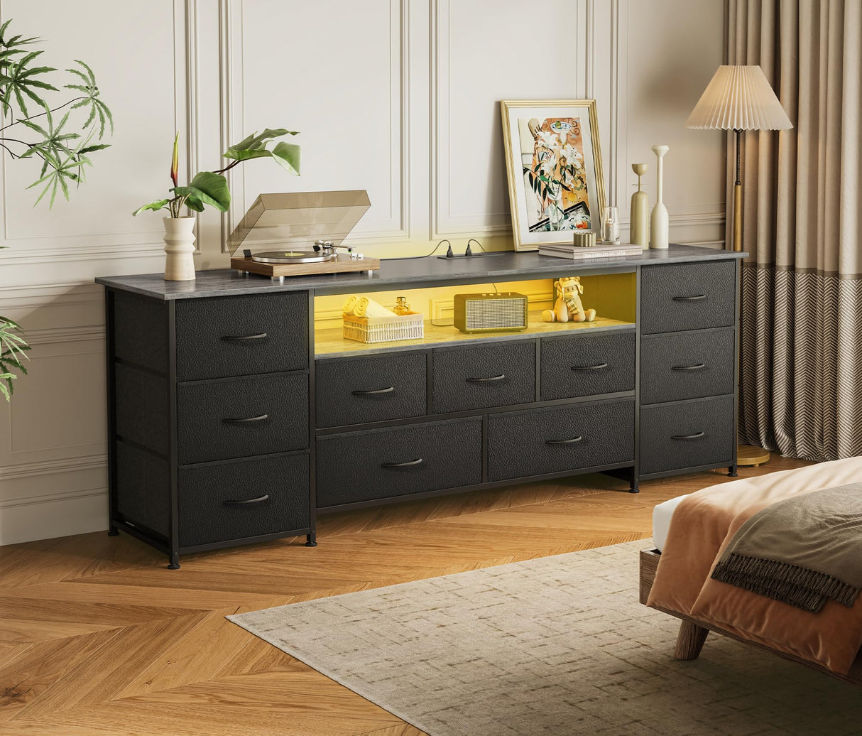 Huuger 63 Inch TV Stand for 65, 70 Inch TV, 11 Drawer Long Dresser with Power Outlets and LED Lights, Entertainment Center with Storage, Grey Dresser with PU Leather Surface Huuger