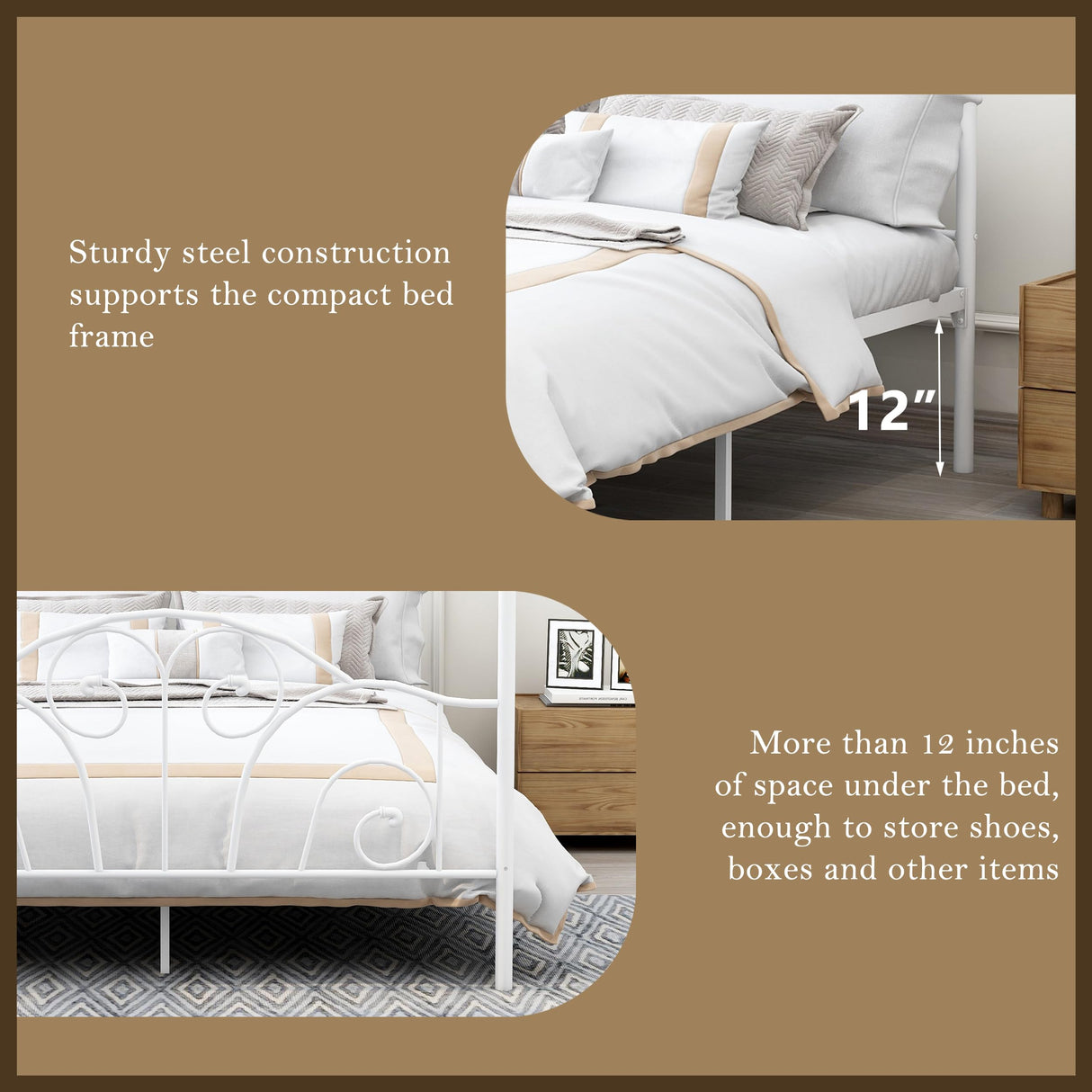 AUFANK Full Size Four-Poster Metal Canopy Bed Frame with Headboard and Footboard Sturdy Slatted Structure No Box Spring Needed White AUFANK