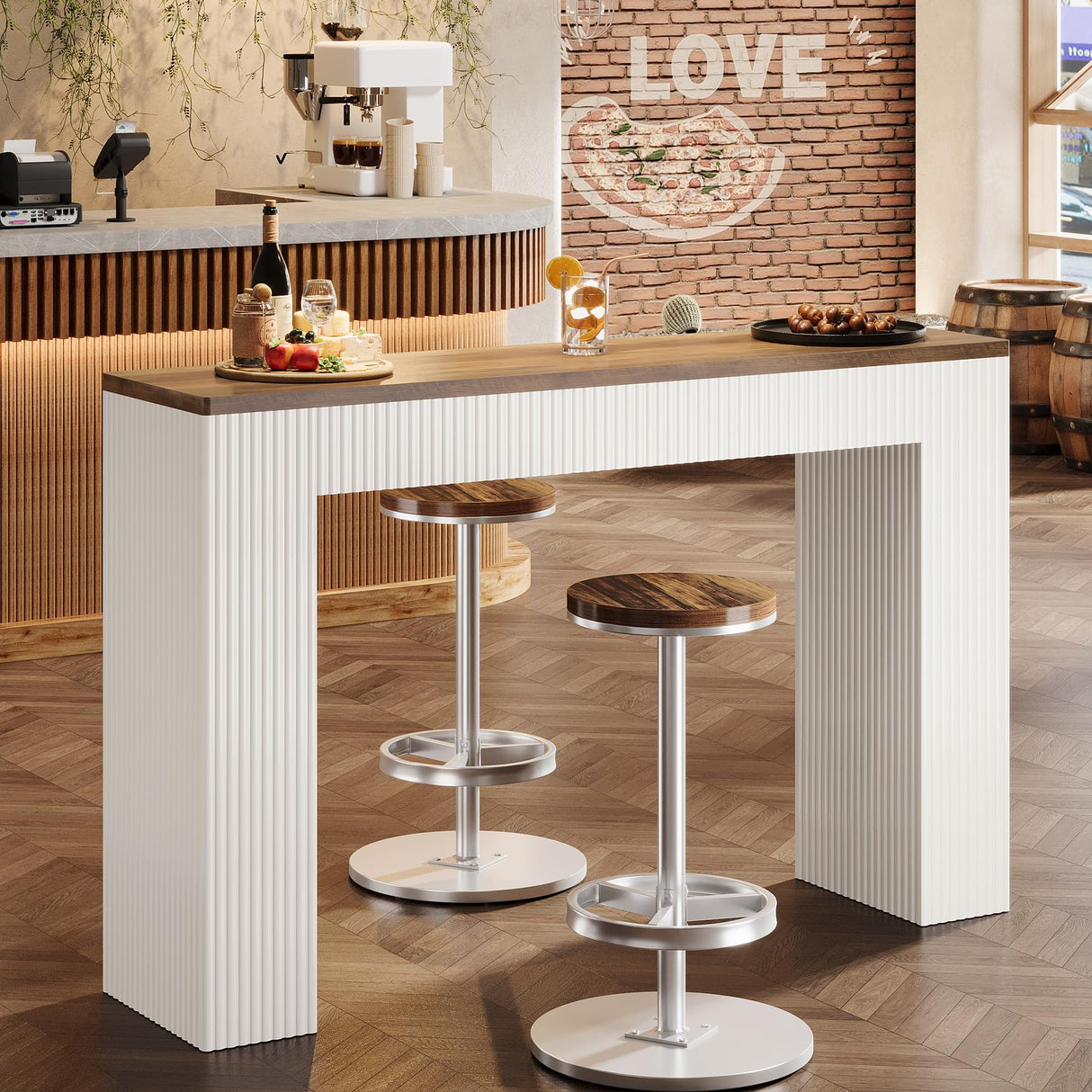 Tribesigns Bar Table, Narrow Bar Height Table with Long Wooden Tabletop, 63" Modern Tall Kitchen Bar Table with White Wave Legs for Pub, Dining Room, Balcony, Rustic Brown & White Tribesigns