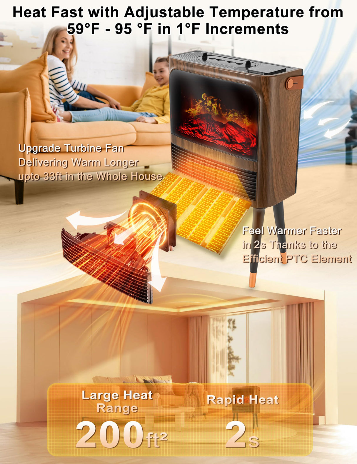 Electric Fireplace Heater with 3D Realistic Flame, Humidifier, Thermostat, Safety Protection, Remote Control, Timer, Electric Space Heater, 1500W/750W Portable Fireplace Heater for Indoor Use FOFOJÔY