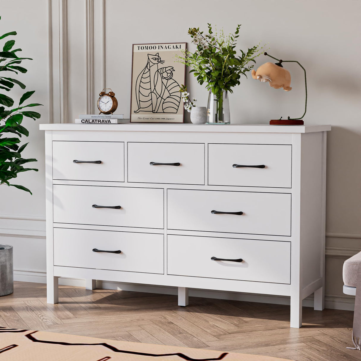 Tradare White Dresser for Bedroom with 7 Drawer,Wooden Double Dresser with Metal Handles, Wide Chest of Organizer Storage Drawers for Living Room, Hallway, Entryway Tradare