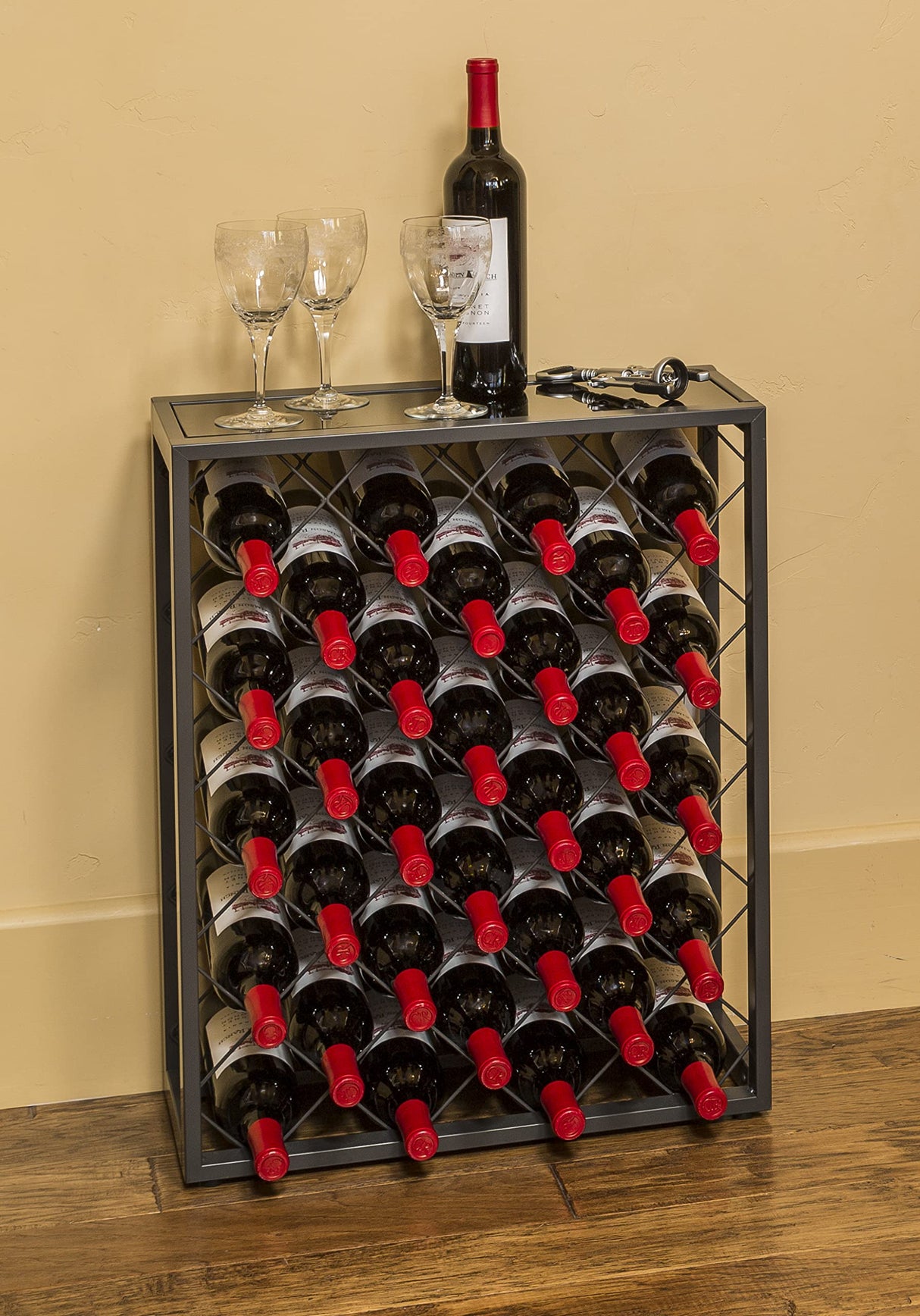 Mango Steam 32 Bottle Wine Rack with Black Glass Top Shelf, Free Standing for Home, Kitchen and Bar Mango Steam