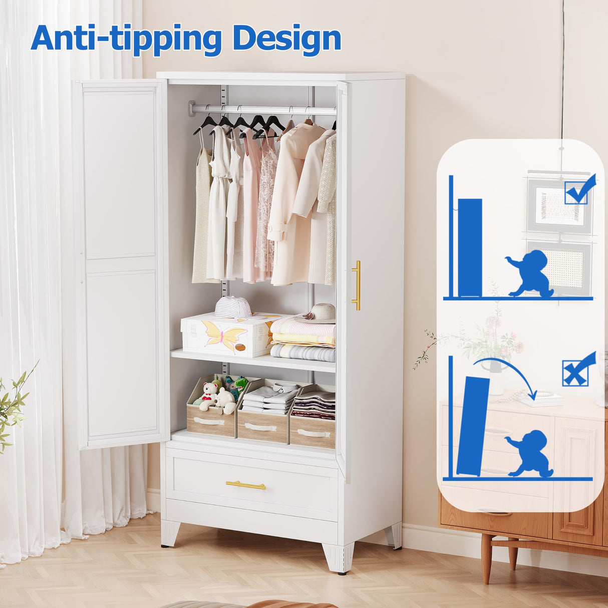 GAIOUS Steel Armoire Wardrobe Closet with Mirror Doors, 71" Household Wardrobe Cabinet with Hanging Rod and Drawer, Metal Clothing Storage Cabinet with Adjustable Shelf for Bedroom, Cloak, Gym(White) GAIOUS