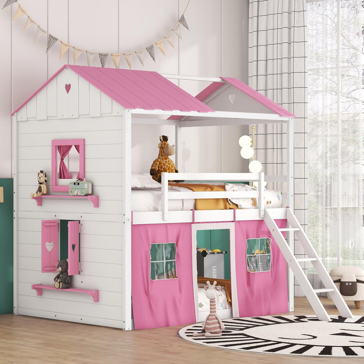 Harper & Bright Designs Full Over Full Bunk Bed, Wood Full Size House Bed with Elegant Windows, Sills and Tent, Pink+White Harper & Bright Designs