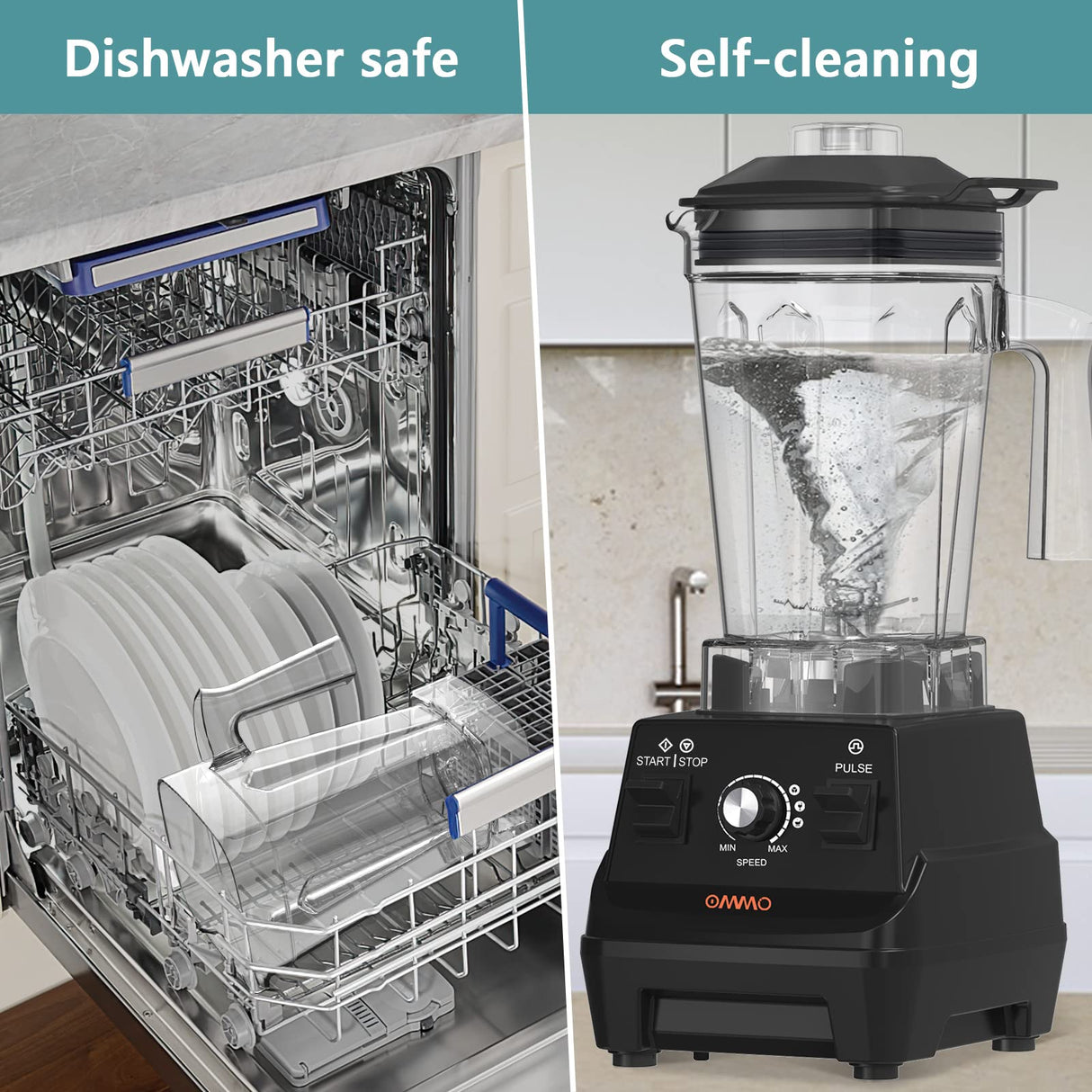 OMMO Blender 1800W, Professional High Speed Countertop Blender with Durable Stainless Steel Blades, 60oz BPA Free Blender for Shakes and Smoothies, Nuts, Ice and Fruits, Dishwasher Safe OMMO