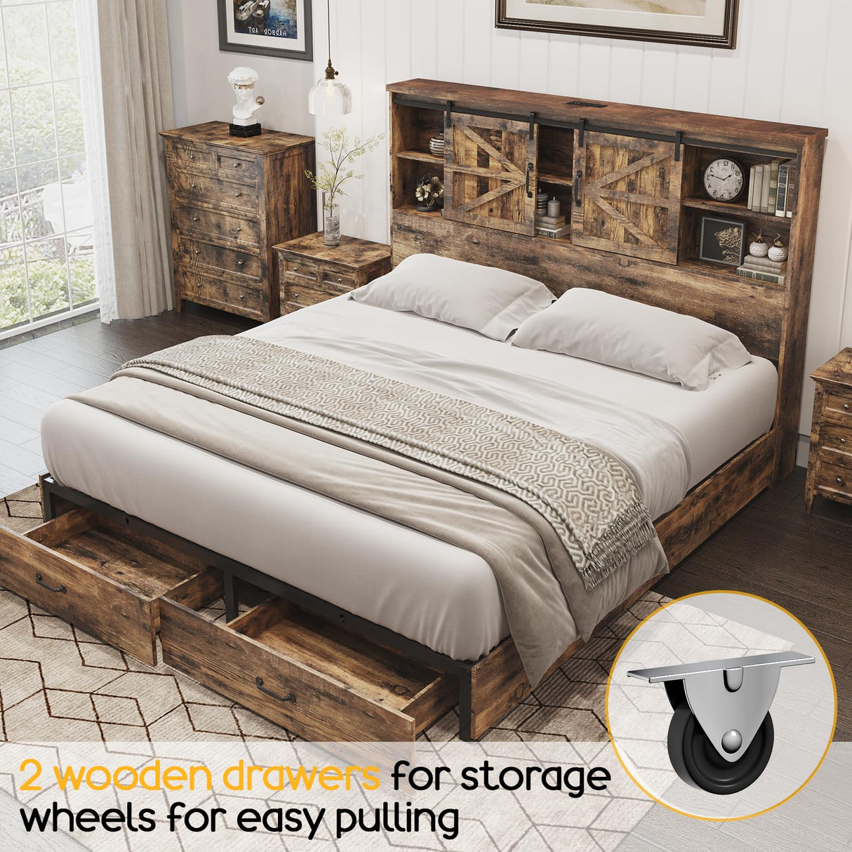 HOWE Rustic Brown King Size Wooden Platform Bed Frame with Bookcase Headboard and Storage Drawers HOWE