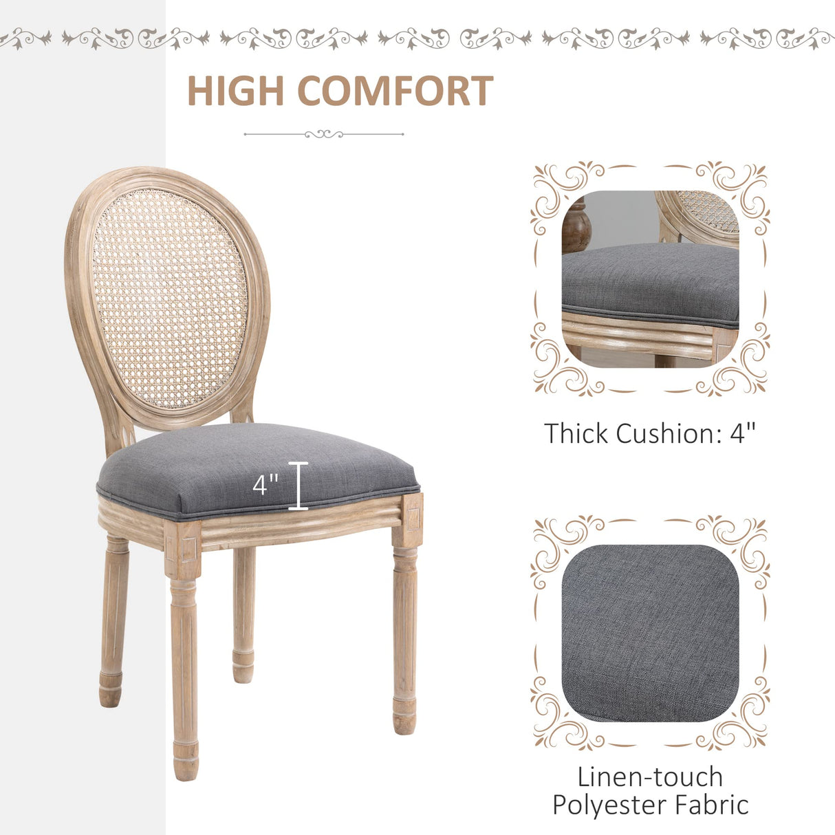 HOMCOM French-Style Upholstered Dining Chair Set, Armless Accent Side Chairs with Rattan Backrest and Linen-Touch Upholstery, Set of 2, Gray HOMCOM