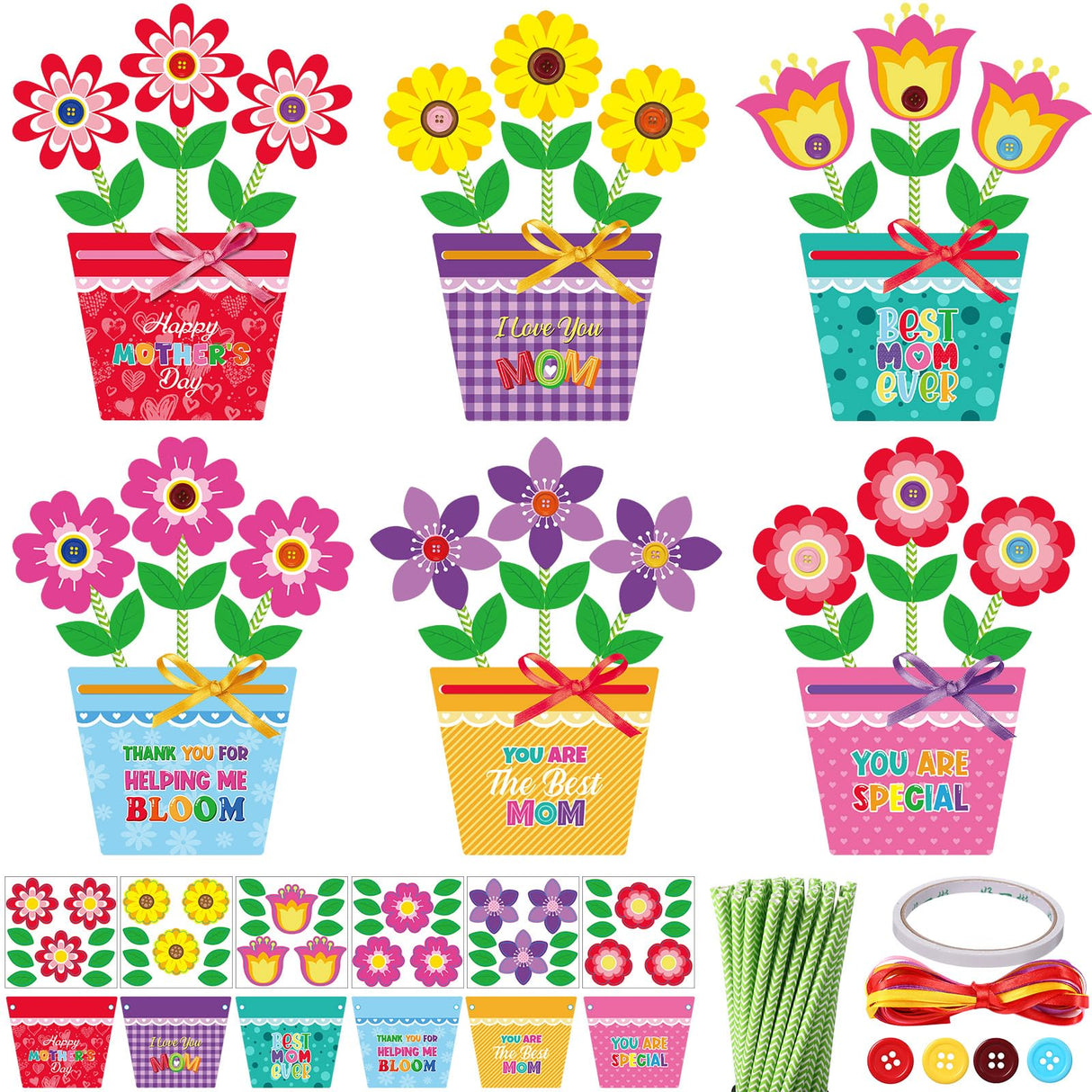 Kosiz 24 Sets Mother's Day Crafts Kit for Kids Flower Card Making Kit with Buttons Straws Ribbon DIY Flower Pot Handmade Greeting Card for Mother's Day Gift Home School Classroom Art Activities Kosiz