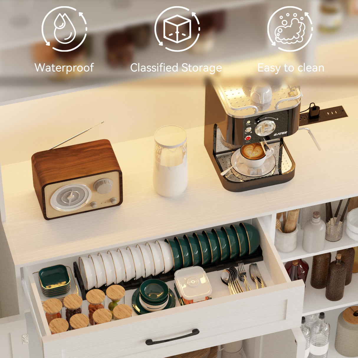 FJTJBSI 72" Kitchen Pantry Cabinet with Charging Station and LED Light Tall Pantry Storage Cabinet with Adjustable Shelves Freestanding Kitchen Hutch with Countertop for Dining Room White FJTJBSI