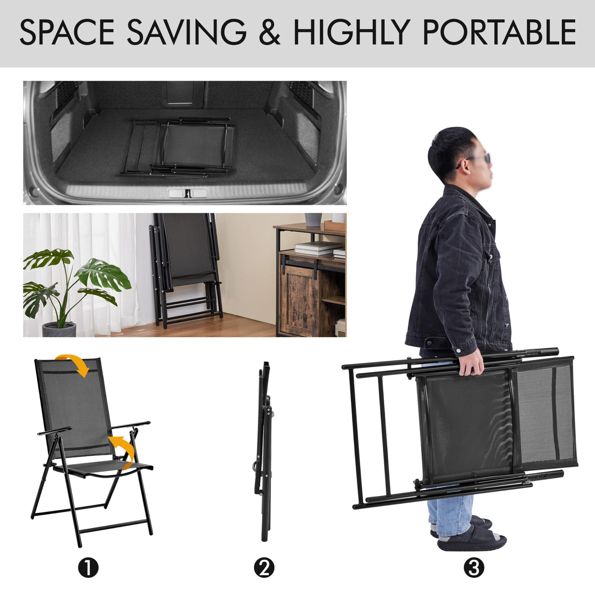 Yaheetech Patio Folding Dining Chairs Set of 2, Stackable Outdoor Lawn Chairs with 8 Adjustable Back Positions and Armrest for Garden, Lawn, Yard and Beach, Dark Gray Yaheetech