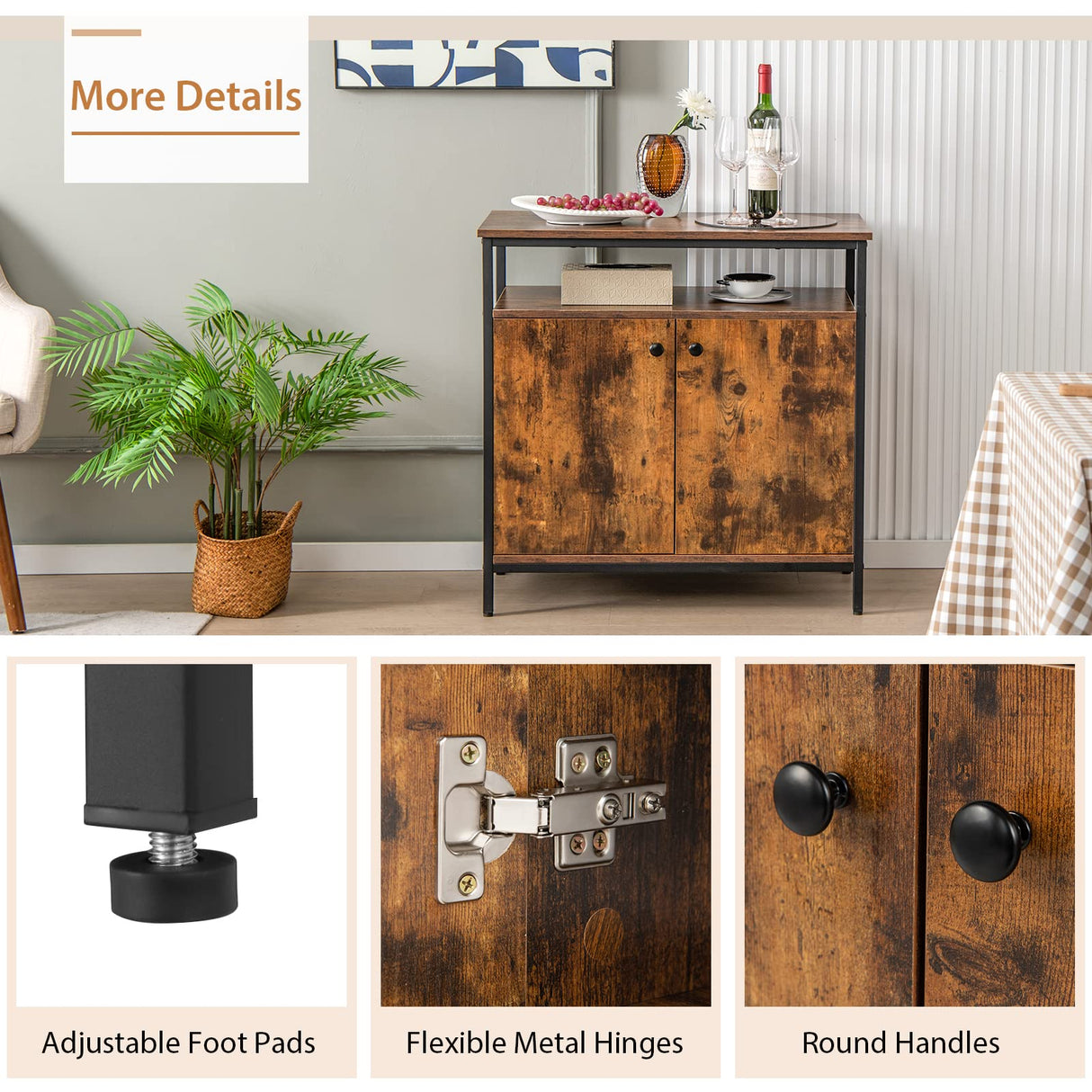 Giantex Buffet Cabinet with Storage, 2-Door Kitchen Sideboard with Shelves, Cable Holes, Industrial Coffee Bar Cabinet, Console Table for Entryway, Living Room, Rustic Brown Giantex