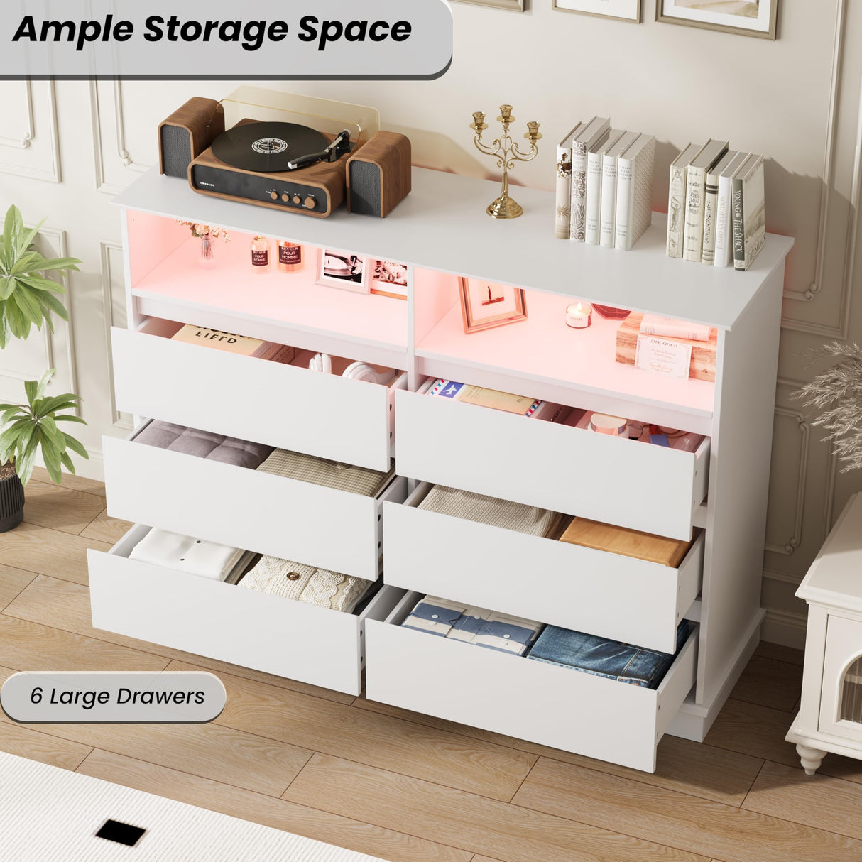IDEALHOUSE 6 Drawer Dresser for Bedroom with LED Lights & Charging Station, Modern White Dresser with LED for Bedroom, Wide Chest of 6 Drawers with Open Storage Shelf for Living Room, Hallway, Closet IDEALHOUSE