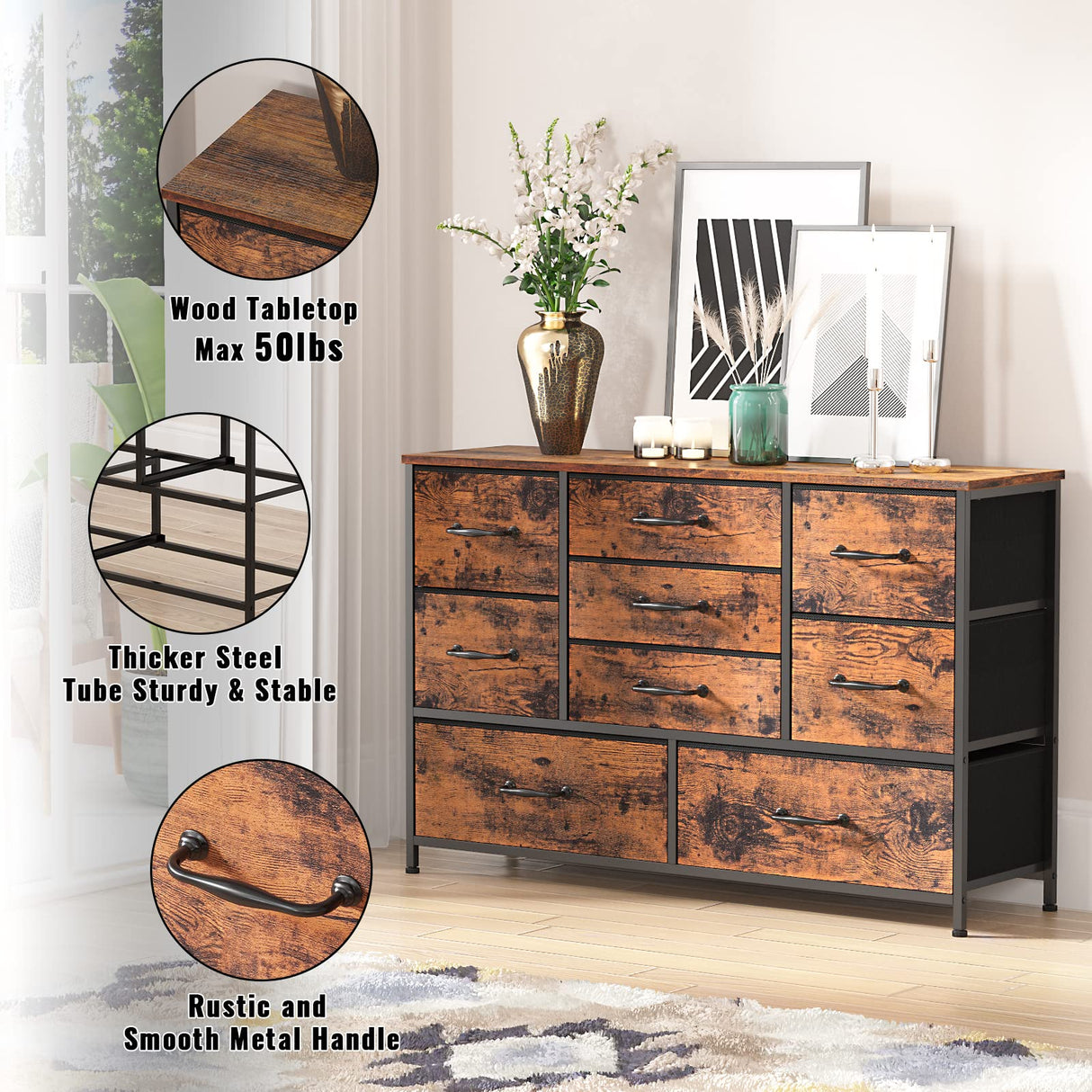 Furnulem Wide Dresser with 9 Large Drawers for 55'' Long TV Stand Entertainment Center,Wood Shelf Storage for Bedroom,Living Room,Closet,Entryway,Sturdy Metal Frame (Rustic Brown Furnulem
