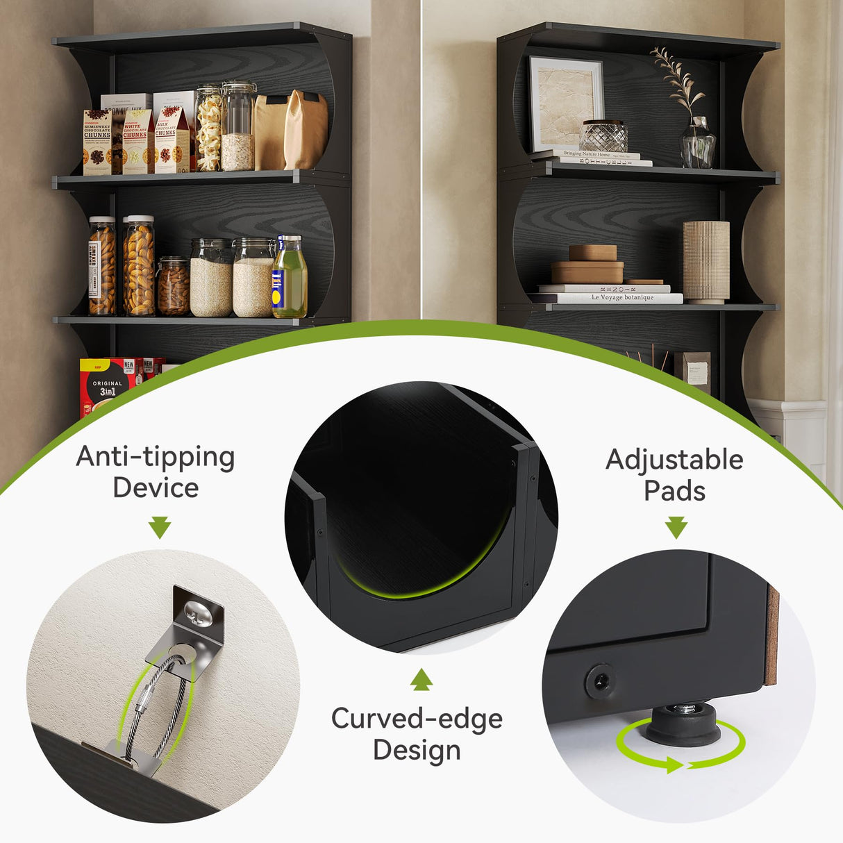 LITTLE TREE 5-Tier Bookcase, 70.8" Tall Open Bookshelf with Unique Curved-Edge Design, Modern Display & Storage Rack, Floor Standing Shelves for Home Office, Living Room, Bedroom, Studies, Black LITTLE TREE