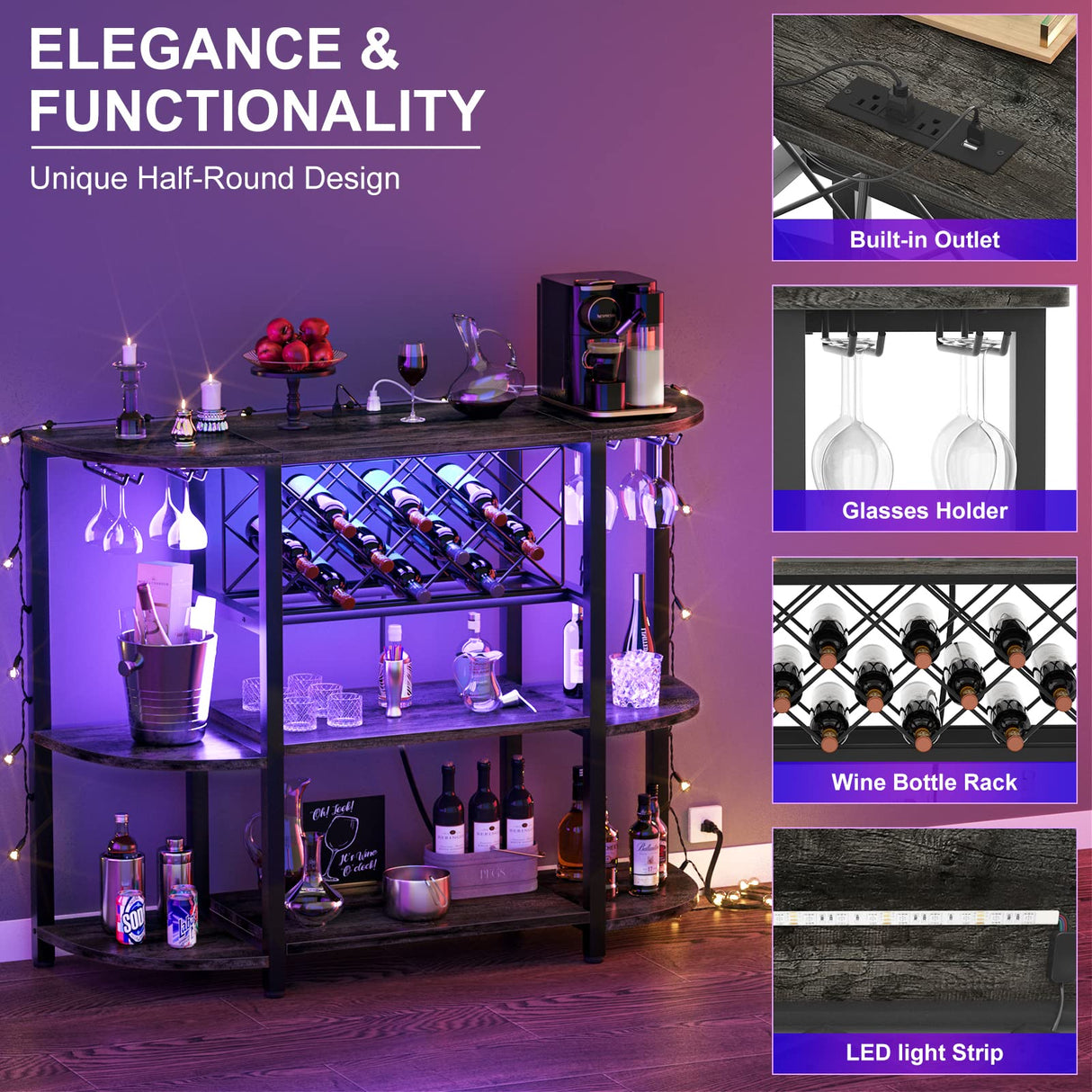 Unikito 4-Tier Metal Coffee Bar Cabinet with Outlet and LED Light, Freestanding Floor Bar Table for Liquor with Glass Holder and Wine Rack Storage, Wine Bakers Rack for Kitchen Dining Room, Gray Oak Unikito