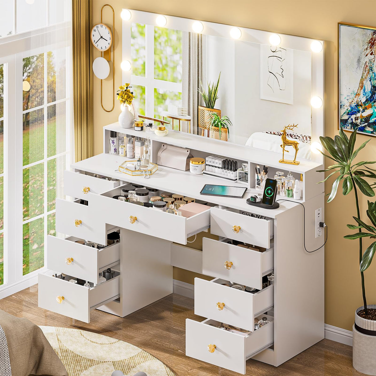 Vanity Desk with Large Lighted Mirror 10 Led Lights,43.3"Large Makeup Vanity with 9 Drawers,Power Outlet,Makeup Dressing Table with Crystal Handles,Christmas Vanity Table for Women Girls (White) DINGIPP