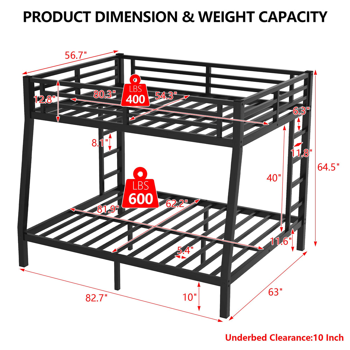 CAPCAEK Full XL Over Queen Bunk Bed Frame for Adults,Metal Bunk Beds with 2 Ladder and Full Length Guardrail,Heavy Buty Bunk Bed Space-Saving (Full XL Over Queen Bunk) CAPCAEK