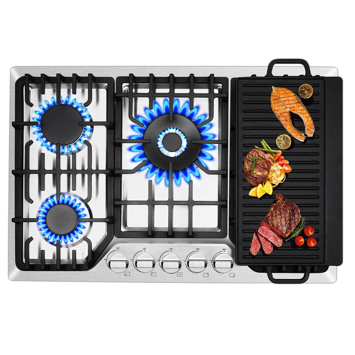 30 Inch Bulit-In Gas Cooktop with Griddle, 5 Italy SABAF Powerful Burners Over 92% High Efficiency, Max 48300BTU Gas Stove Top, 304 Stainless Steel Panel, NG/LPG Convertible, CSA Certified Amzgachfktch