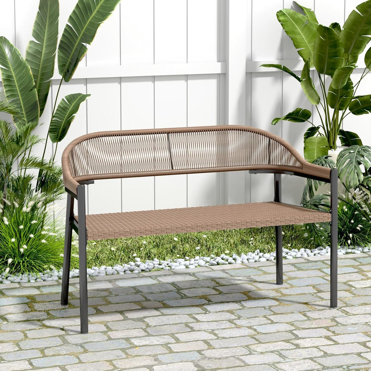 OPENAIRCOMFORT Outdoor Loveseat Bench,46.8 Inches Wicker Frame Patio Bench, All Weather Outdoor Bench with Rattan Backrest Armrests and Metal Legs for Lawn, Front Porch, Park, Yard OPENAIRCOMFORT