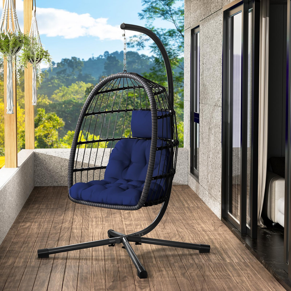LEVELEVE Egg Chair with Stand,Patio Rattan Wicker Hanging Swing Egg Chair Hammock Chair for Porch Garden,Thickened Aluminum Alloy Steel Frame and UV Resistant Cushion,350LBS Capacity(Dark Blue) LEVELEVE
