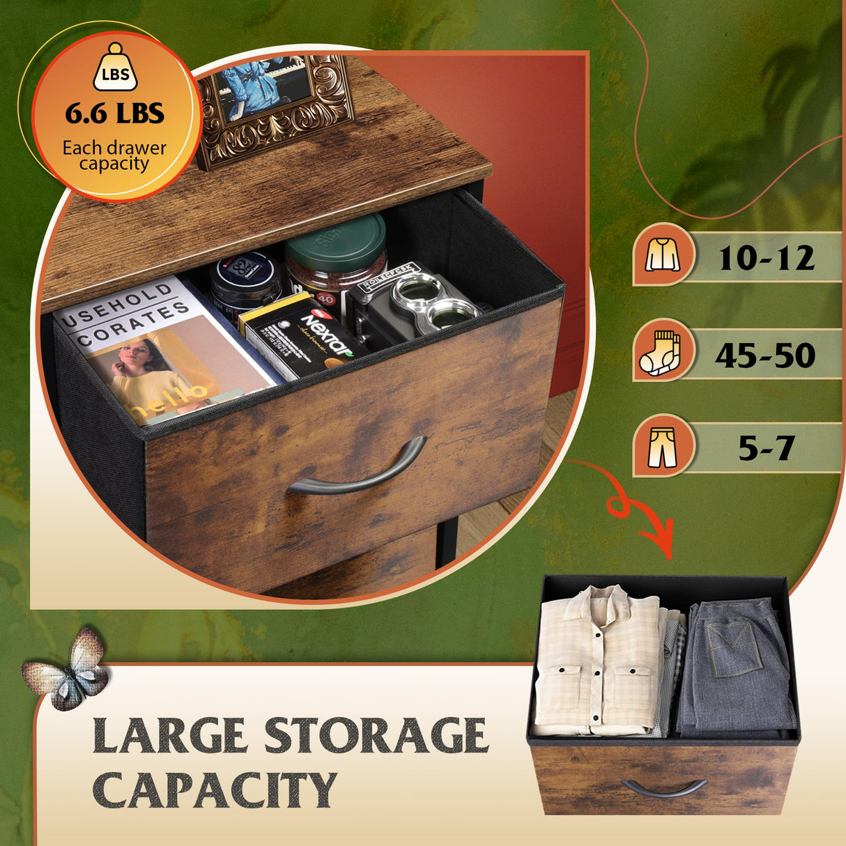 WLIVE Fabric Dresser, 5-Drawer Tall Dresser for Bedroom, Storage Dresser Organizer with Fabric Bins, Wood Top, Sturdy Steel Frame, Chest of Drawers for Closet, Hallway, Rustic Brown Wood Grain Print WLIVE