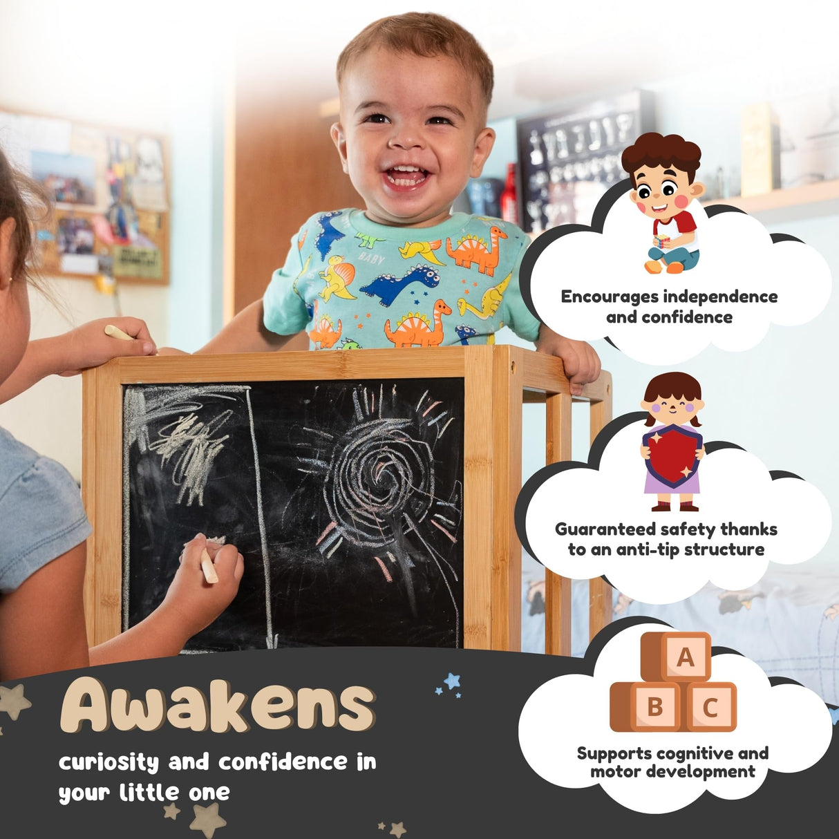 KYWAI® Toddler Tower with Chalkboard &Height Adjustable - Toddler Standing Tower - Toddler Kitchen Stool Helper - Kitchen Step Stool for Toddlers - Toddler Stool for Kitchen - Toddler Step Stool KYWAI