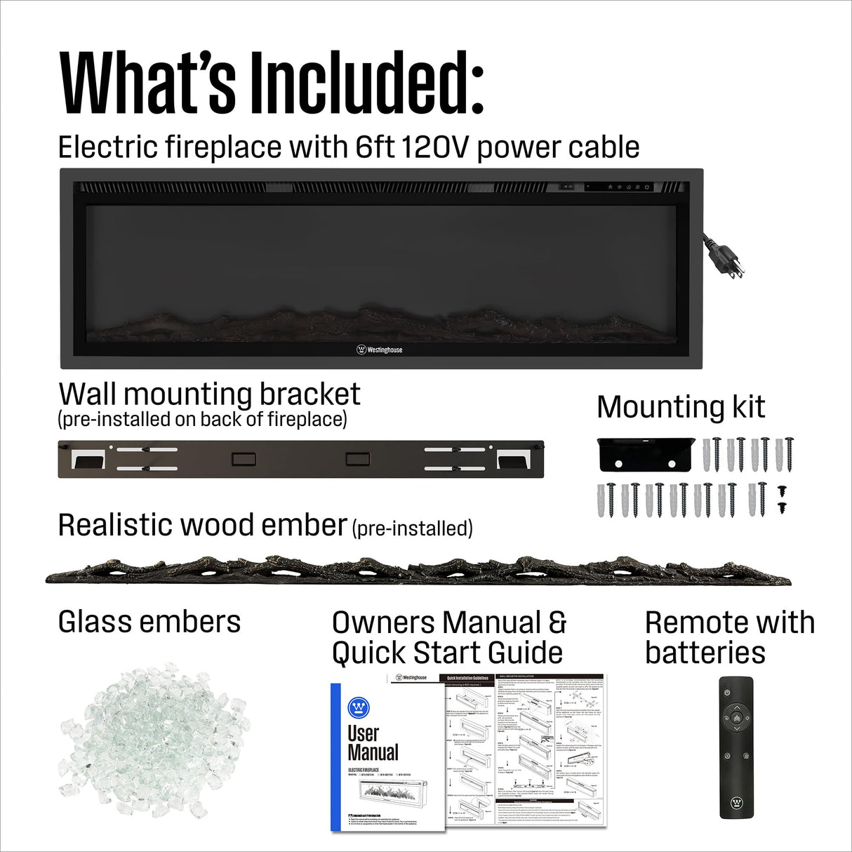 Westinghouse 50 Inch Electric Fireplace Heater, Compatible with Alexa & Google Home, Wall Mount or in-Wall Recessed Fireplace Insert, 24 Hour Timer, Color Changing Flames, 750W/1500W Indoor Heater Westinghouse