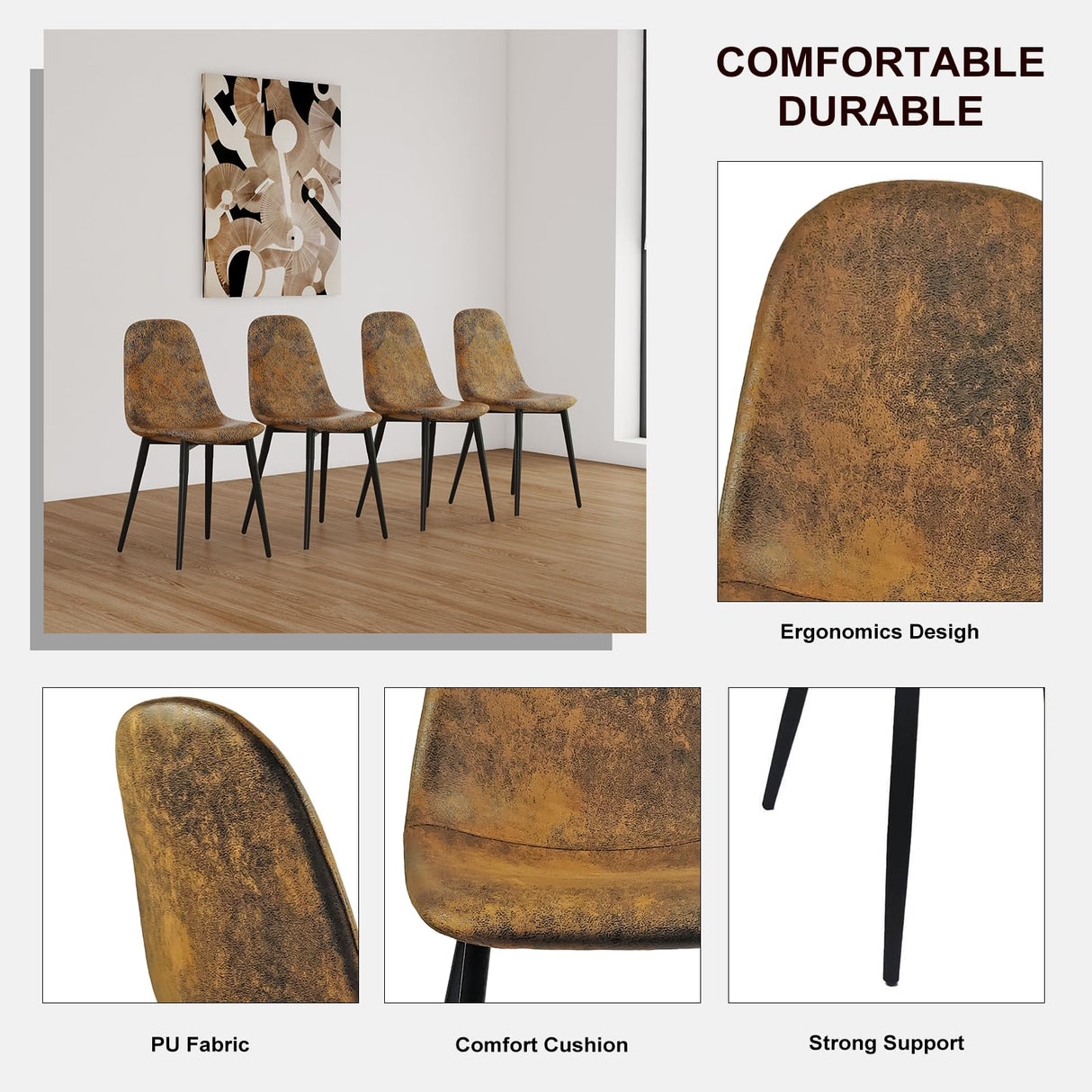 WIIS' IDEA Modern Dining Table Set for 4,Rectangular Solid Wood Dining Table for 4 People,Metal Base and Legs,Suitable for Living Room,Dining Room,Kitchen(55" Dining Table+4 Brown Dining Chairs) WIIS' IDEA