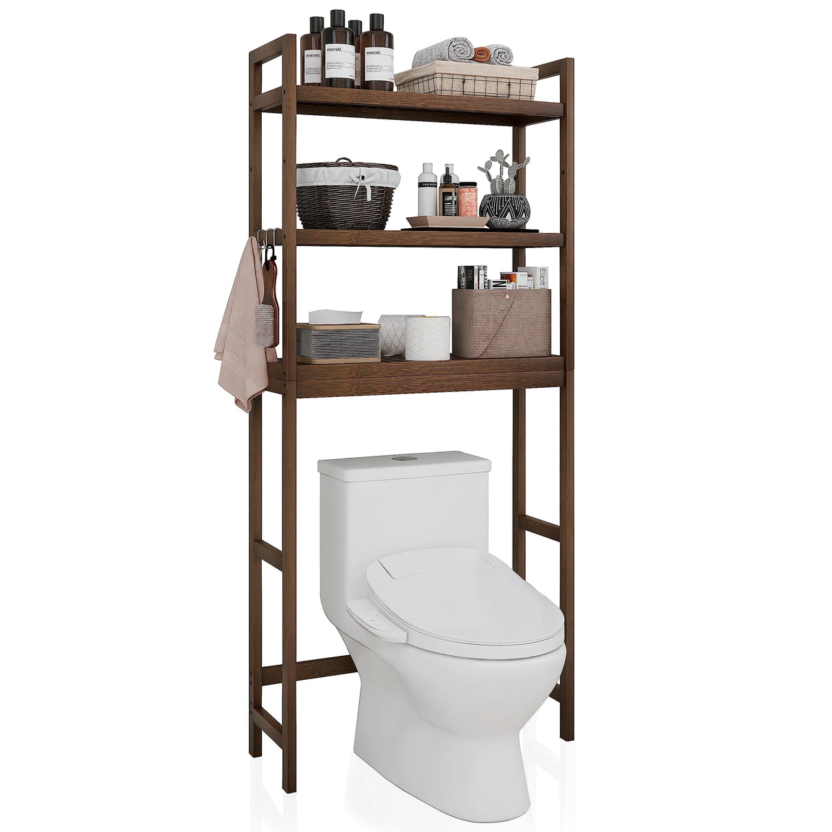 Bamboo Over-The-Toilet Organizer Rack with 3 Adjustable Shelves - SMIBUY Space Saver in Walnut SMIBUY