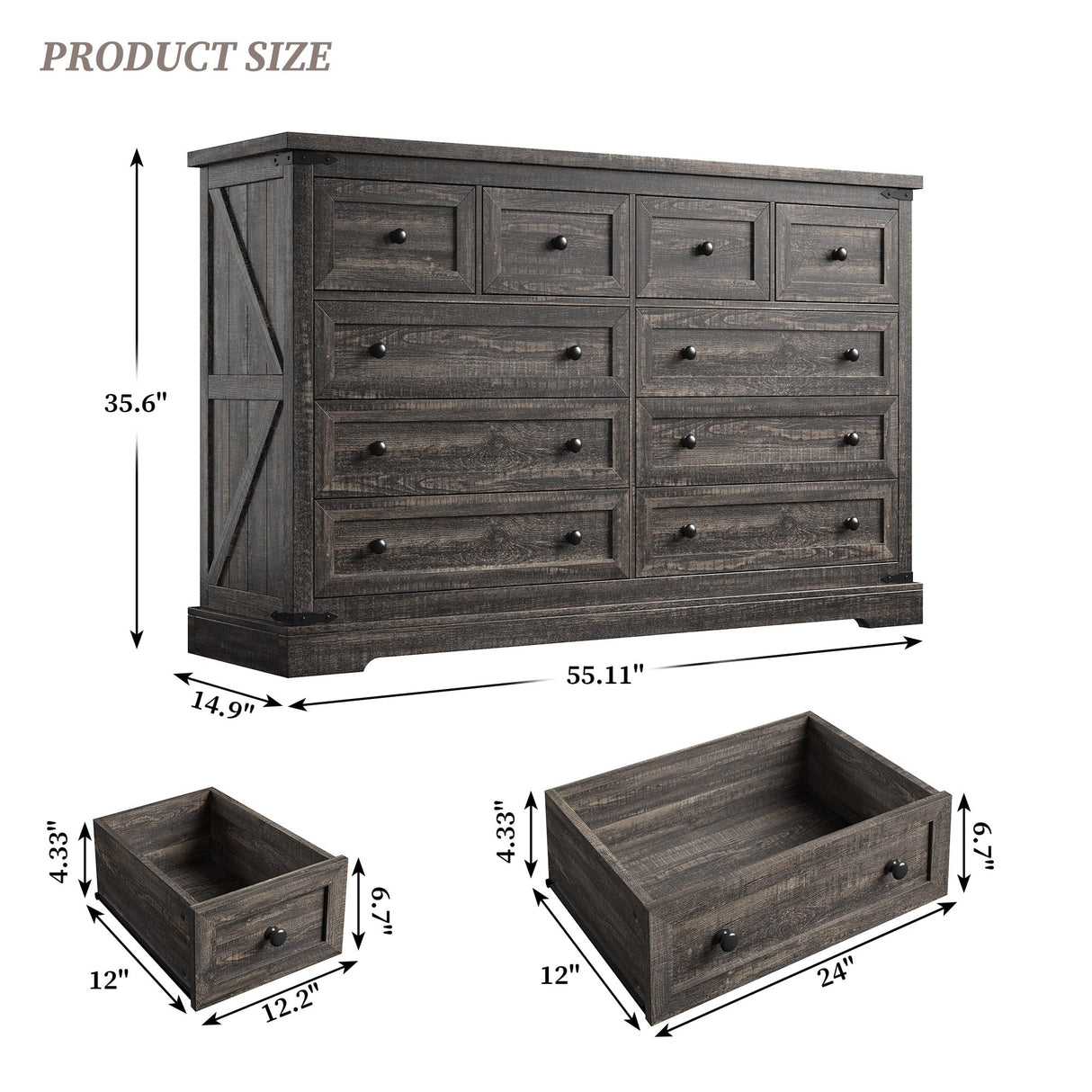 EnHomee 10 Drawer Dressser for Bedroom, 55" W Wood Dressers & Chests of Drawers with Smooth Metal Rail, Large & Wide Dressers for Bedroom,Hallway,Dark Rustic Oak,15" D x 55" W x 35.6" H EnHomee