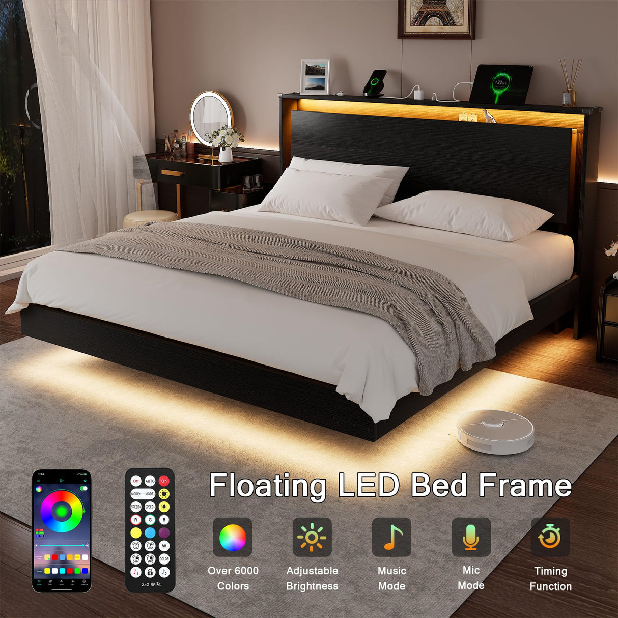 King Size Bed Frame with LED Lights & Charging Station – Wood Floating Bed Frame with Storage Headboard, Adhesive Slats, Kick-Free & Noise-Free Design, Easy Assembly, Black Einhomn